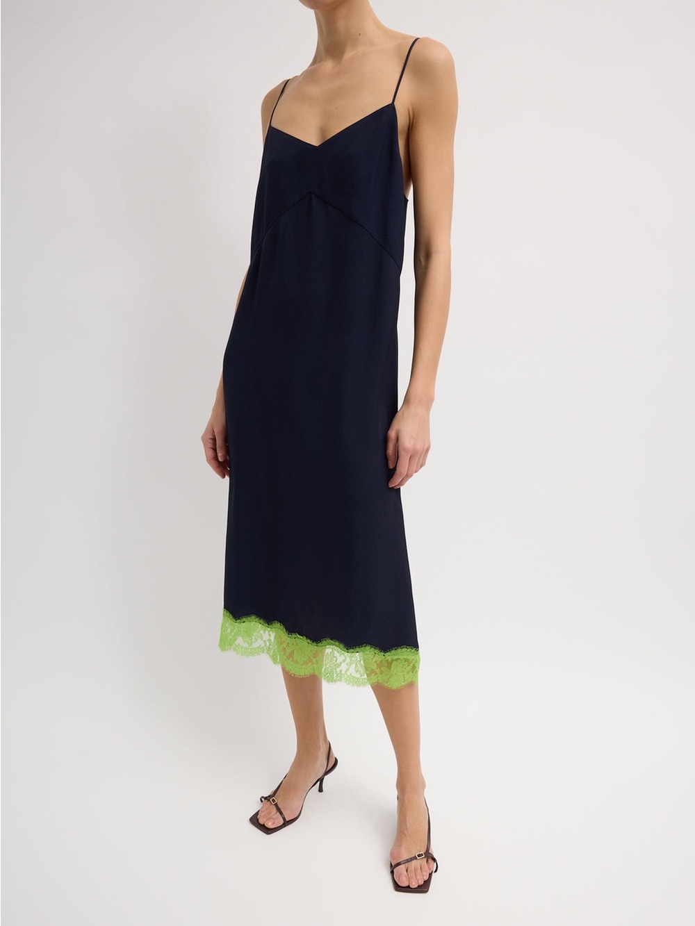 Tibi Navy Slip Midi Dress with Lime Lace Trim